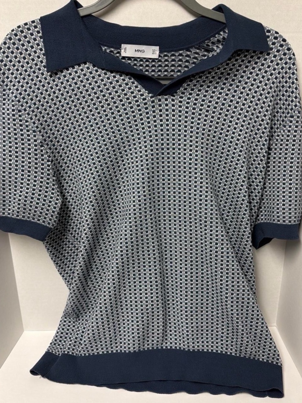 Mango Textured Short Sleeve Polo in Navy and White